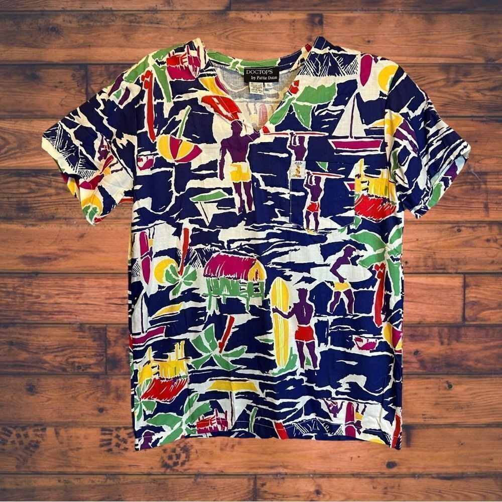 5 for $25🔥Doctops  by Pattie Dunn‎ Beach Theme Print Scrub Top Youth XL